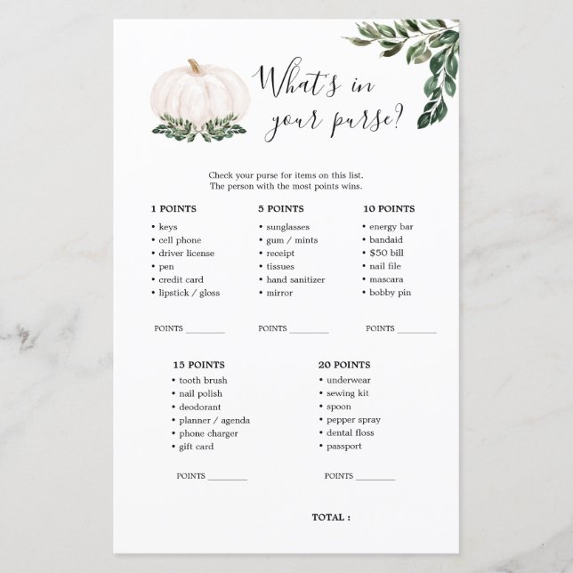 Fall White Pumpkin What's In Your Purse Game (Front)