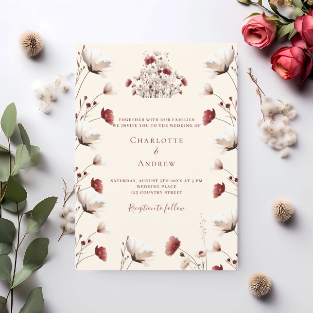 Fall wildflower burgundy cream boho wedding invitation (Creator Uploaded)