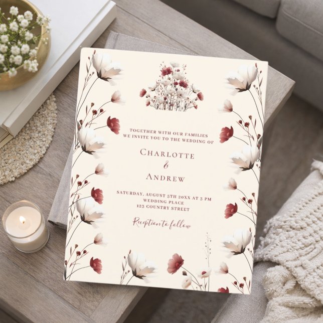 Fall wildflower burgundy cream wedding invitation (Creator Uploaded)