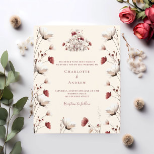 Fall wildflower burgundy cream wedding invitation