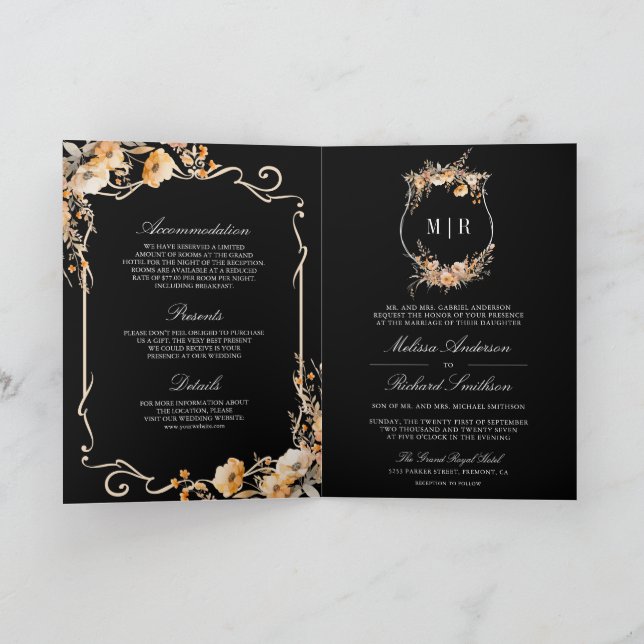 Fall Wildflower Crest Black QR Code Wedding Invitation (Inside)