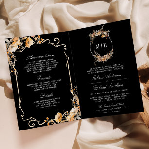 Fall Wildflower Crest Black QR Code Wedding Invitation