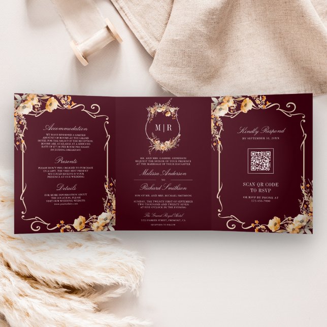 Fall Wildflower Crest Burgundy QR Code Wedding Tri-Fold Invitation (Creator Uploaded)