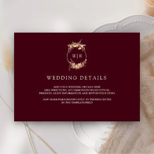 Fall Wildflower Crest Burgundy Wedding Details Enclosure Card