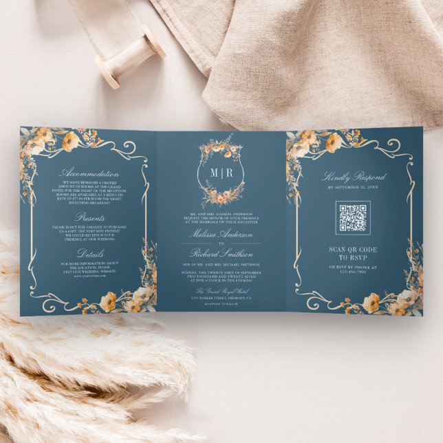 Fall Wildflower Crest Dusty Blue QR Code Wedding Tri-Fold Invitation (Creator Uploaded)