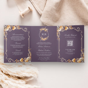 Fall Wildflower Crest Dusty Purple QR Code Wedding Tri-Fold Invitation