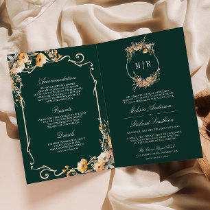 Fall Wildflower Crest Emerald QR Code Wedding Invitation