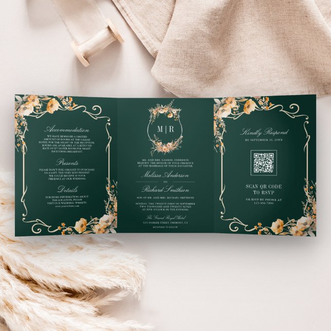 Fall Wildflower Crest Emerald QR Code Wedding Tri-Fold Invitation (Creator Uploaded)