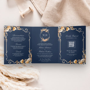 Fall Wildflower Crest Navy Blue QR Code Wedding Tri-Fold Invitation