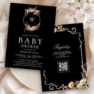 Fall Wildflower Crest QR Code Black Baby Shower Invitation
