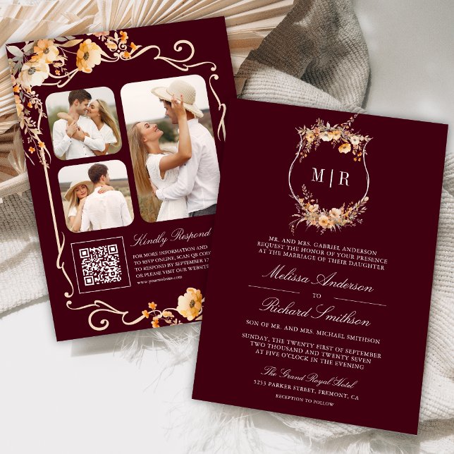 Fall Wildflower Crest QR Code Burgundy Wedding Invitation (Creator Uploaded)