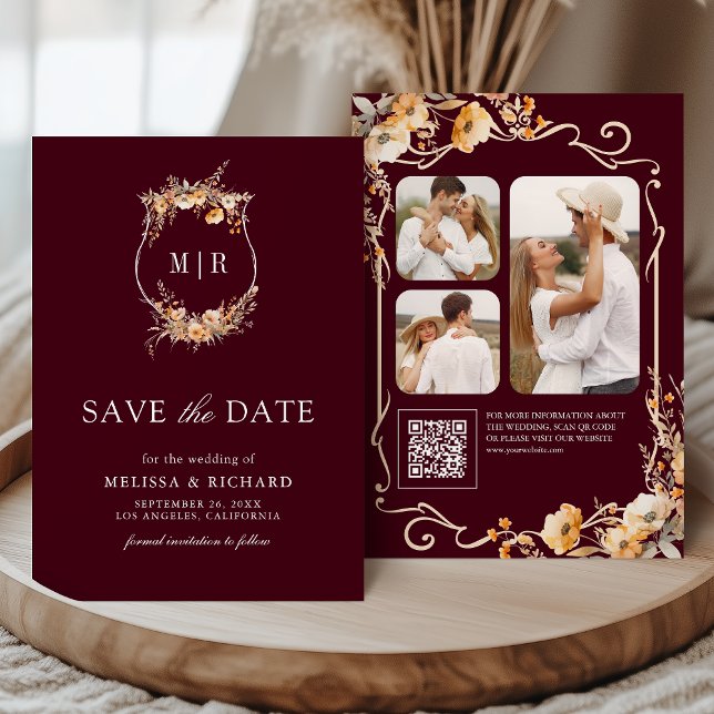 Fall Wildflower Crest QR Code Burgundy Wedding Save The Date (Creator Uploaded)