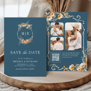 Fall Wildflower Crest QR Code Dusty Blue Wedding Save The Date