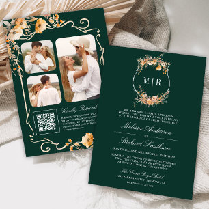 Fall Wildflower Crest QR Code Emerald Wedding Invitation