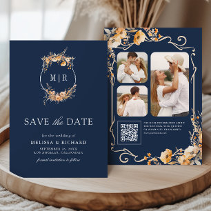 Fall Wildflower Crest QR Code Navy Blue Wedding Save The Date