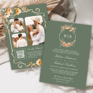 Fall Wildflower Crest QR Code Sage Green Wedding Invitation