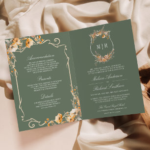 Fall Wildflower Crest Sage Green QR Code Wedding Invitation