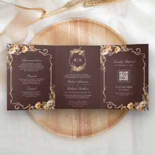 Fall Wildflower Espresso Brown QR Code Wedding Tri-Fold Invitation