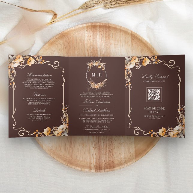 Fall Wildflower Espresso Brown QR Code Wedding Tri-Fold Invitation (Creator Uploaded)