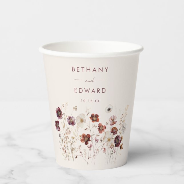 Fall Wildflower Field Beige Wedding Paper Cups (Front)