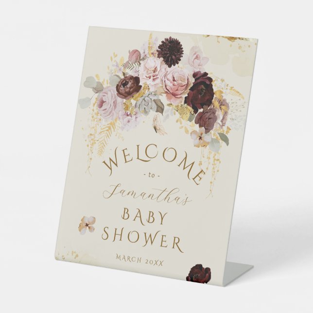Fall Wildflower Floral Baby Girl Shower welcome Pedestal Sign (Front)