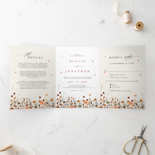 Fall Wildflower Garden Botanical Boho chic Wedding Tri-Fold Programme (Inside)