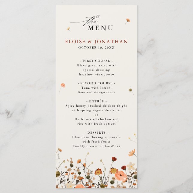 Fall Wildflower Garden Floral Boho Chic wedding Menu (Front)