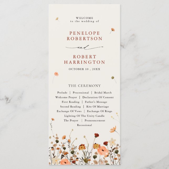 Fall Wildflower Garden Floral Boho Chic wedding Programme (Front)