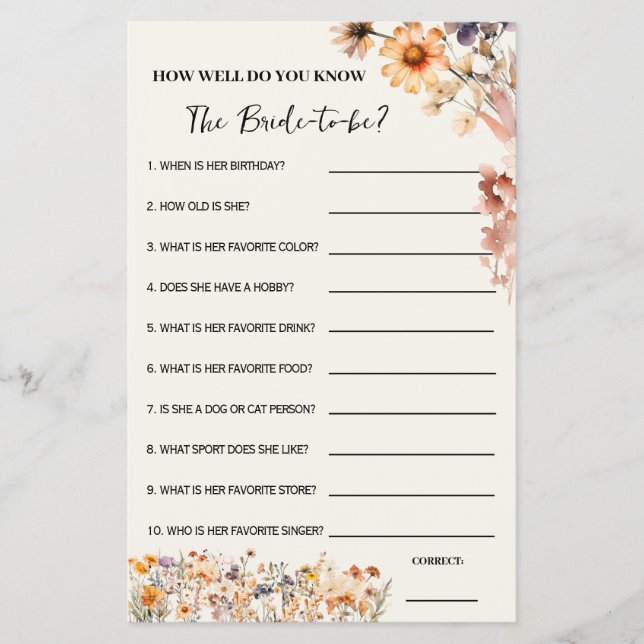 Fall Wildflower How Well Do You Know Her Game Card (Front)