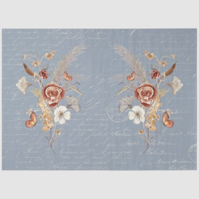 Fall Wildflower Pampas Grass Dusty Blue Decoupage Tissue Paper (Front)