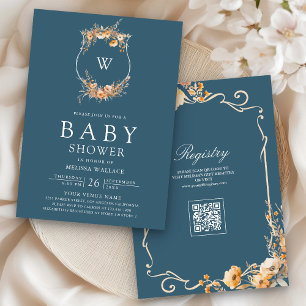 Fall Wildflower QR Code Dusty Blue Baby Shower Invitation