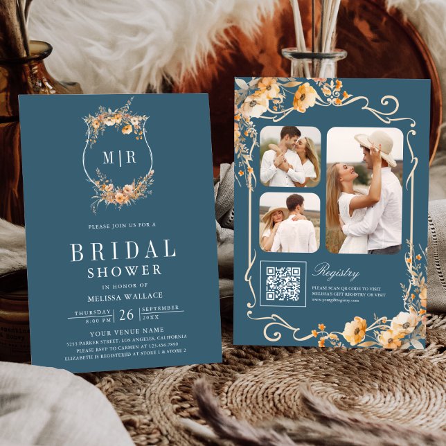 Fall Wildflower QR Code Dusty Blue Bridal Shower Invitation (Creator Uploaded)