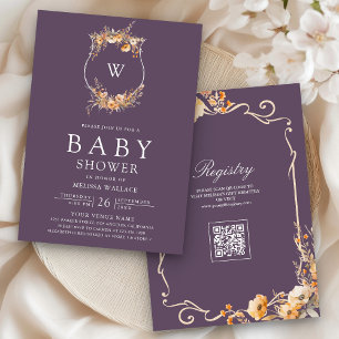 Fall Wildflower QR Code Dusty Purple Baby Shower Invitation