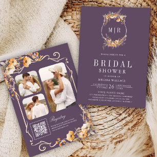 Fall Wildflower QR Code Dusty Purple Bridal Shower Invitation