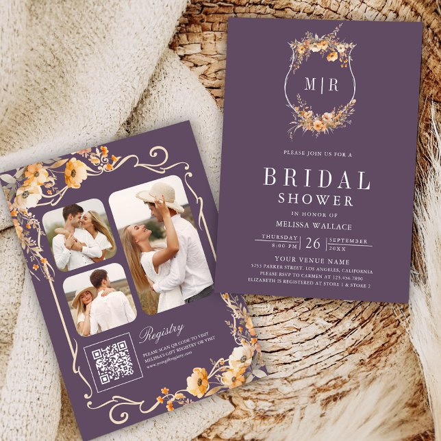 Fall Wildflower QR Code Dusty Purple Bridal Shower Invitation (Creator Uploaded)