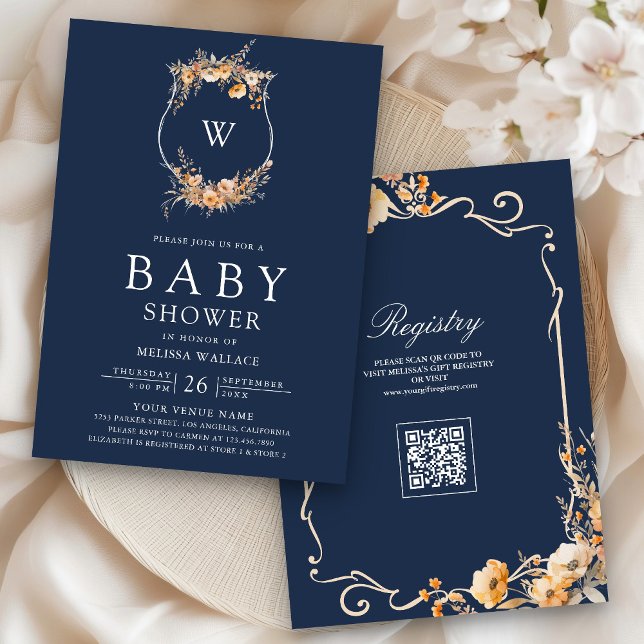 Fall Wildflower QR Code Navy Blue Baby Shower Invitation (Creator Uploaded)