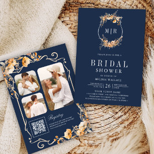 Fall Wildflower QR Code Navy Blue Bridal Shower Invitation