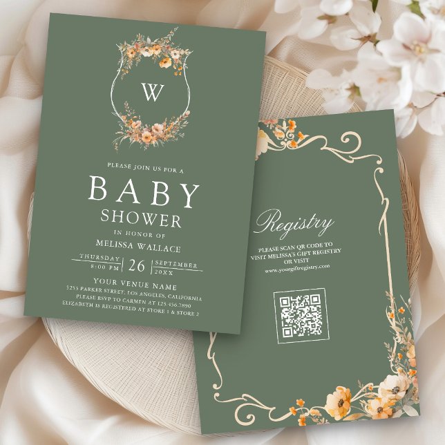 Fall Wildflower QR Code Sage Green Baby Shower Invitation (Creator Uploaded)