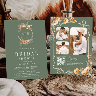 Fall Wildflower QR Code Sage Green Bridal Shower Invitation