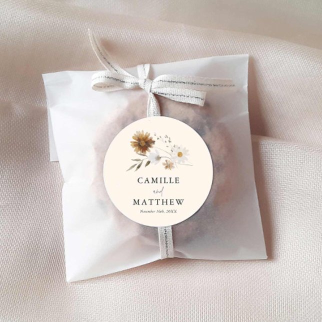 Fall Wildflower Wedding Classic Round Sticker (Simple Boho Floral Wedding Sticker)