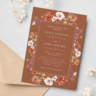 Fall Wildflowers Brown Autumn Photo Modern Wedding Invitation