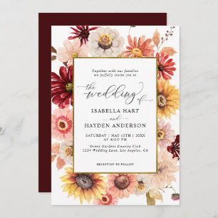 Fall Wildflowers Burgundy Gold Colorful Wedding Invitation