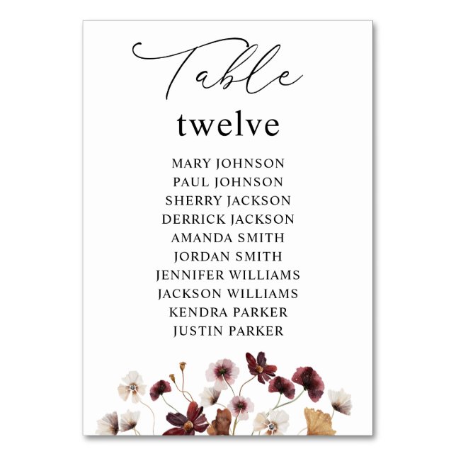 Fall Wildflowers Floral Table Number Seating Chart (Front)