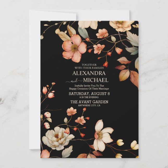 Fall Wildflowers Floral Wedding Black Invitation (Front)