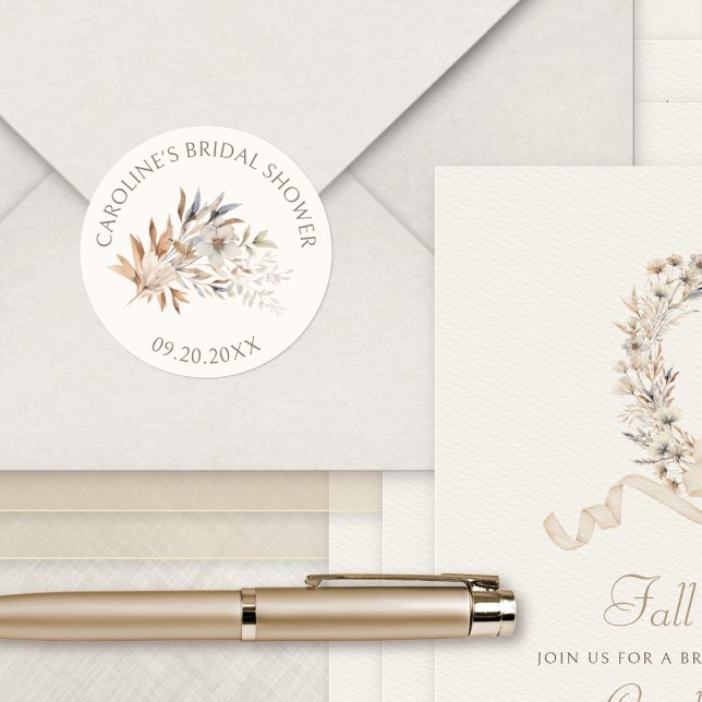 Fall Wildflowers Minimalist Bridal Shower Classic Round Sticker (Creator Uploaded)