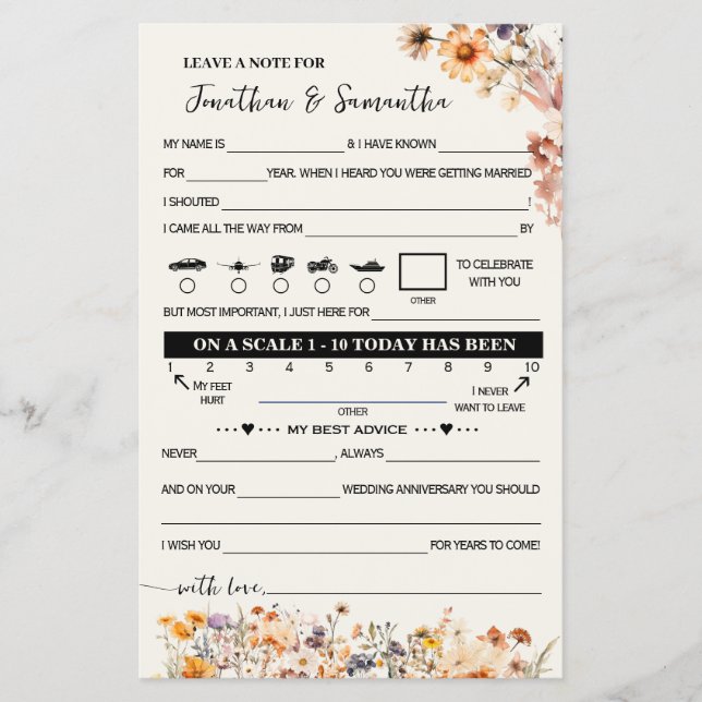 Fall Wildflowers Note for Couple Wedding Game Card (Front)