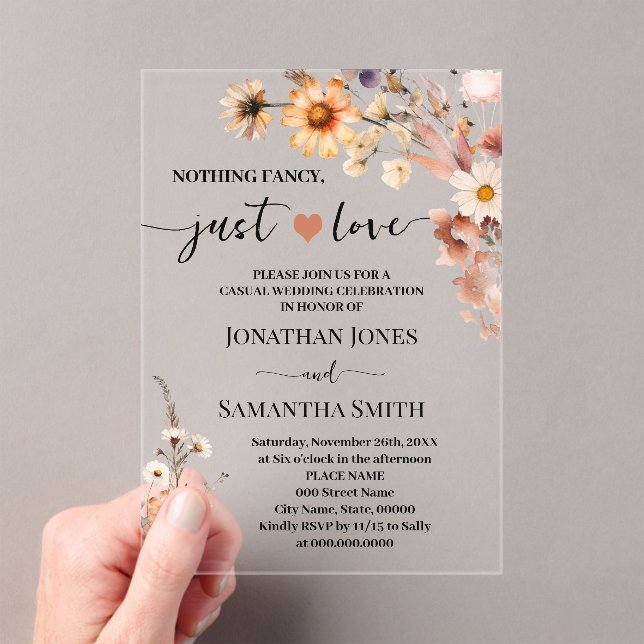 Fall Wildflowers Nothing Fancy Just Love Elopement Acrylic Invitations (Insitu (Handheld))