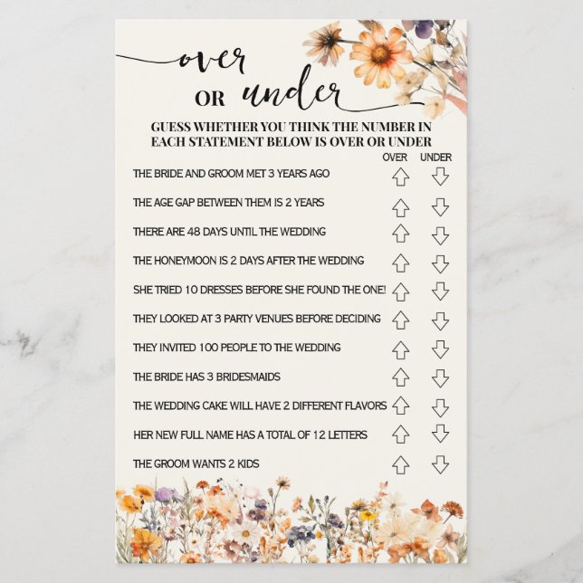 Fall Wildflowers Over or Under Shower Game Card (Front)