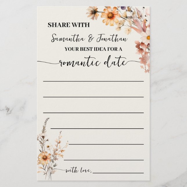 Fall Wildflowers Share Date Idea Shower Game Card (Front)