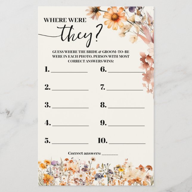 Fall Wildflowers Where were They Shower Game Card (Front)